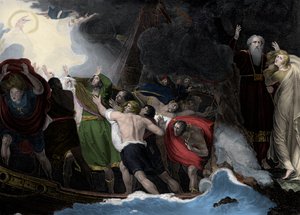 Prospero a Miranda, vpravo, stojící na ostrově, když námořníci ztroskotají