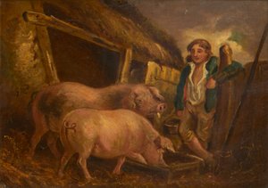 Tending the Prize Pigs (olej na palubě) od George (follower of) Morland