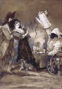 Cafe con leche caliente (po Goya) (kvaš na gesso malované desce)