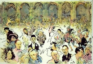 Famous Faces Outside Florians in Piazza San Marco, Venice, c.1990 (kvaš na sololitu s inkoustem na acetátovém překrytí) od George Adamson