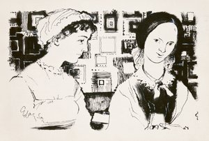 Jane Austenová (1775-1817) a Charlotte Bronteová (1816-55) - imaginární setkání (indický inkoust na palubě) od George Adamson