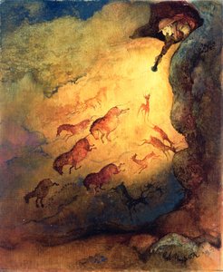 Pan Punch jako jeskynní průzkumník děsí zvířata v Lascaux, nepublikovaná zakázka od Punche, 1968 (kvaš na sololitu)