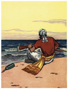 Pirát opuštěný na opuštěném ostrově se dívá na linii horizontu Ilustrace z „The Boys Books of Pirates““ od George Alberta Williamse (1875-1932) 1914
