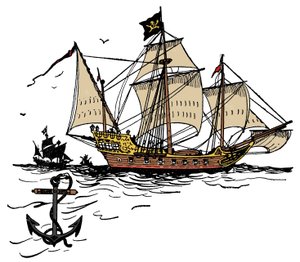 Pirátská loď u Želvího ostrova v Karibském moři Ilustrace z „Chlapcovy knihy pirátů a velkých mořských roverů““ od George Alberta Williamse (1875-1932) 1900
