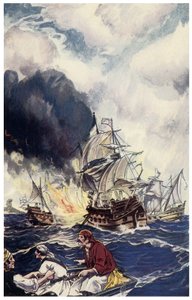 Brulotová nálož výbušnin vrhá na loď Ilustrace z „Piráti z Panamy aneb The Buccaneers of America““ od George Alberta Williamse (1875-1932) 1914 od George Alfred Williams