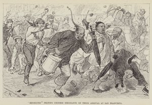 Hoodlumové hází čínské emigranty při jejich příjezdu do San Francisca od George Augustus Sala