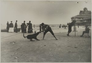 Boy and Dog, Iron Pier, Coney Island, Brooklyn, cca 1885 (tištěný želatinový stříbrný tisk)