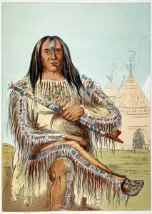 Američtí Indiáni: Portrét vůdce kmene černonožců (černé nohy) ve věku kolem 50 let. Ilustrace George Catlin (1794-1872)