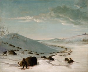 Honba za bizony v zimě, Indiáni na sněžnicích od George Catlin