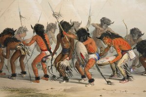 Detail Buffalo Dance, hospoda. 1845 barevná litografie. od George Catlin
