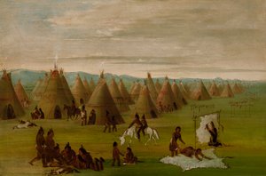 Vesnice komančů, ženy oblékající róby a sušení masa, 1834-1835. od George Catlin