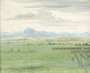 Komančští bojovníci s bílou vlajkou přijímají dragouny od George Catlin