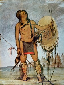 Komančský válečník se štítem, kopím, lukem a šípy, kolem 1835 (barva litho) od George Catlin