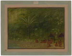 Tábor Cocomasů - pohled ke břehu od George Catlin