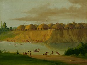 Vesnice Hidatsa, domky pokryté Zemí, na řece Knife, 1810 mil nad St. Louis, 1832. od George Catlin