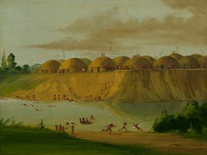 Vesnice Hidatsa, chaty pokryté zeminou, na řece Knife, 1810 mil nad St. Louis od George Catlin