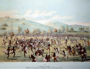 Indián Ameriky: míčová hra v kmeni Rudých kůží. Tisk George Catlina (1794-1872) Soukromá sbírka 19. století od George Catlin