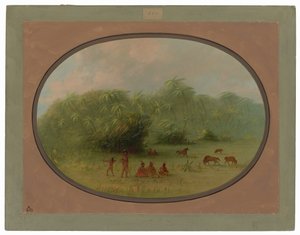 Indiáni a koně v lese od George Catlin