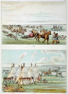 Indiáni Ameriky: (nahoře) kmen pohybující se s kůžemi na prodej. (Spodní) kmen 500 až 600 tipi. Ilustrace George Catlin (1794-1872) od George Catlin
