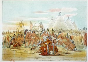 Indiáni Ameriky: Kmen Assiniboinů připomínající Siouxy tančící dýmkový tanec. Ilustrace George Catlin (1794-1872) od George Catlin