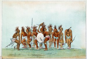 Indiáni Ameriky: Kmen Black Hawk tančí žebrácký tanec pro turisty. Ilustrace George Catlin (1794-1872) od George Catlin