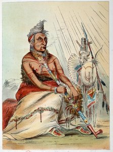 Indiáni Ameriky: Portrét starého indického kuchaře kouřícího svou dýmku s názvem The Black Mocassin. Ilustrace George Catlin (1794-1872) od George Catlin