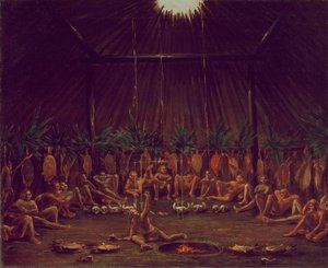 Pohled do interiéru Medicine Lodge, obřad Mandan O-kee-pa od George Catlin