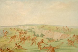 Útok Mandanů na skupinu Arikarů od George Catlin