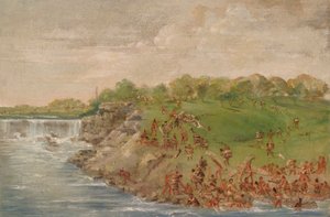 Odžibvejové se plaví kolem vodopádů svatého Antonína od George Catlin