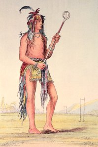 Siouxský míčový hráč Ah-No-Je-Nange, „Ten, kdo stojí na obou stranách“ (ručně barvené litho) od George Catlin