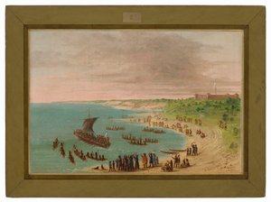 Výprava opouští Fort Frontenac u jezera Ontario. 18. listopadu 1678 od George Catlin