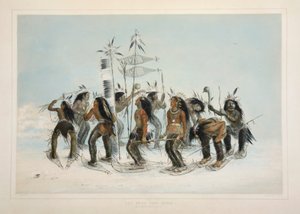 Tanec na sněžnicích, hospoda. 1845 barevná litografie. od George Catlin