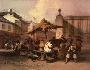 Skupina Číňanů jíst mimo kostel San Domingo od George Chinnery