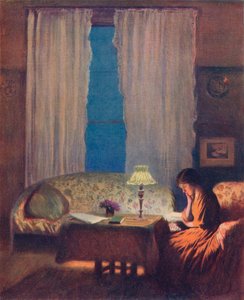 Reading by Lamplight Twilight: Interior, 1909