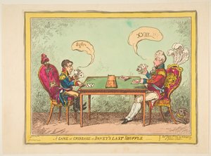 A Game of Cribbage or Boneys Last Shuffle, 6. června 1814. od George Cruikshank