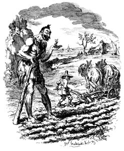 Obr stojí na poli jako farmář pluh, 19. století. od George Cruikshank