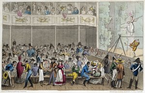 Akrobat show v Café de la Paix – v „Life in Paris“ od Davida Careyho, Londýn od George Cruikshank