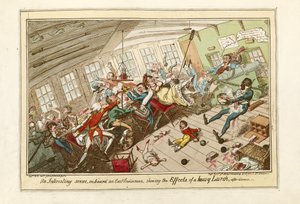 Zajímavá scéna na palubě východoindické lodi, ukazující účinky silného nárazu, pub.1818 (kolorovaný lept) od George Cruikshank