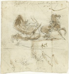 Karikatura sebe sama (recto); kabina shozená koněm a další náčrtky (verso) od George Cruikshank