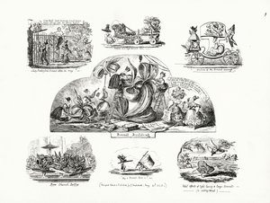 Karikatury od George Cruikshanka na téma velkých dámských čepic (rytina) od George Cruikshank