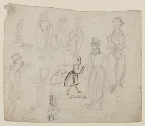 Studie znaků (tužka, pero a inkoust na papíře) od George Cruikshank