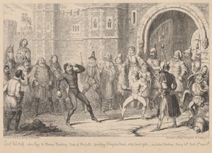 Gloucestershire. Před mělkým domem: „Henry IV část II“, dějství III, scéna II od George Cruikshank