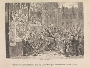 Henry vnímající Norrise zvedl kapesník Anne Boleyn na kláních od George Cruikshank