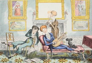 Kolibříci aneb A Dandy Trio, hospoda. 1835 (ručně kolorovaná rytina) od George Cruikshank