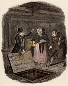 V přítomnosti Monsieur Bumble a Madame Corney Monks zmizí medailon Olivera Twista - Důkazy zničeny - Ilustrace k filmu „Oliver Twist“ (Oliver) (Dobrodružství Olivera Twista) od Charlese Dickense (1812-1870), od George Cruikshanka ( od George Cruikshank