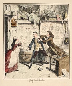 Jack Sheppard vystavuje pomstychtivou postavu, ilustrace z Jack Sheppard: A Romance od Williama Harrisona Ainswortha, publikovaná v roce 1839 (ručně kolorovaný lept) od George Cruikshank