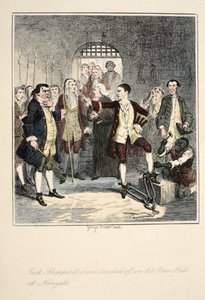 Žehličky Jacka Shepparda sražené v Stone Hall v Newgate, ilustrace z Jack Sheppard: A Romance od Williama Harrisona Ainswortha, vydáno 1839 (ručně kolorovaný lept) od George Cruikshank