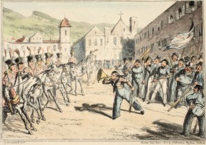 Jacks Trump of Defiance, from Greenwich Hospital, a Series of Naval Sketches, Descriptive of a Life of a Man-of-Wars Man, pub. 1826 (ručně kolorovaná rytina) od George Cruikshank