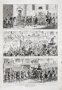 Jackova cesta z Newgate do Tyburnu, ilustrace z „Jack Sheppard: A Romance“ od Williama Harrisona Ainswortha, vydáno 1839 od George Cruikshank