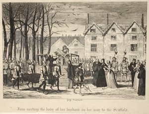 Jane se setkala s tělem svého manžela na cestě na lešení z londýnské hospody Tower. 1840 od George Cruikshank
